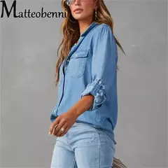 Camisa jeans fina de peito único feminina, bolso de emenda, manga longa, tops de lapela, confortável, blusa casual para mulheres, outono - comprar online
