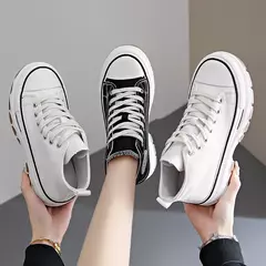 Tênis casual de cano alto para mulheres, com cordões, lona de altura da plataforma, antiderrapante, resistente ao desgaste, sapatos femininos vulcanizados, primavera, 2024