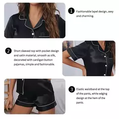 Conjunto de pijama feminino de botão, pijama cetim, tops e shorts, terno de 2 peças, loungewear para verão na internet