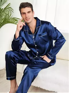 Conjuntos de pijama de seda manga comprida masculino, pijama de seda masculino, pijama de seda para casa, loungewear plus size, roupa de dormir, novo - comprar online