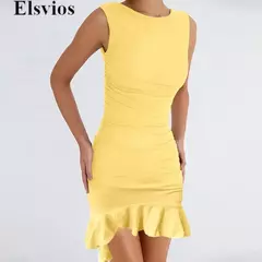 Elegante vestido de festa com borda de lótus, bodycon sem mangas, plissado, plissado, gola redonda, mini, verão, sexy, 2022