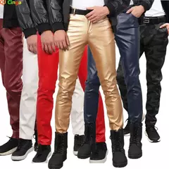 Calças finas de couro PU para homens, calças novas, vermelho, azul, preto, cinza, branco, 2023 na internet