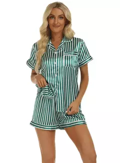 Conjunto de pijama de duas peças estampado leopardo feminino, shorts e top de manga curta, pijama cetim casual para casa, verão - Wolf Magazine