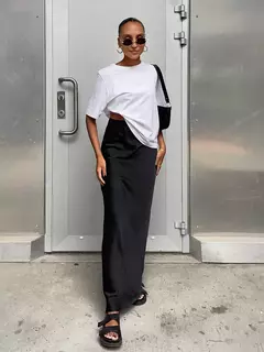 Mulheres cetim saia trompete preta, cintura alta, fina, longa, monocromática, elegante, escritório, feminina, moda, primavera, verão