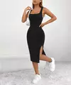 Vestido feminino regata bodycon chique, bainha dividida chique, gola quadrada lisonjeira, estilo Midi sem mangas, moda casual perfeita para o verão