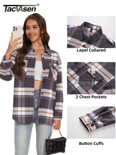 TACVASEN-Casual flanela xadrez camisas para as mulheres, manga comprida, botão para baixo, caminhadas ao ar livre blusa, 2 bolsos no peito, soltas ajuste algodão tops
