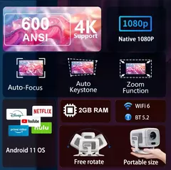 HUAWEISHI 4K Projetor Android Nativo Portátil 1080P Foco Automático 600ANSI Vídeo cinema em casa Projetor led hd externo