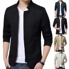 Blazer casual masculino com gola de suporte, jaqueta de negócios elegante, casaco monocromático com bolsos de zíper fino e fino, primavera e outono