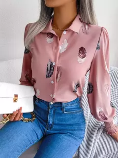 Mulheres Casual Pena Imprimir Collar Manga Longa Camisa Branco Rosa Azul na internet
