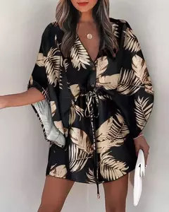 Mini vestido solto com cordão feminino, manga de batwing, botão sexy, gola V, cobertura de festa, estampa moda praia, verão - comprar online