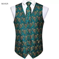 Imagem do Festa de casamento ouro colete paisley floral jacquard colete masculino 4 pçs colete gravata lenço anel hanky abotoaduras conjunto dibangu