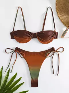 Imagem do Fato de banho plissado com cordão feminino, biquínis arco, maiô sexy, banhista, conjunto de biquíni gradiente, moda verão, 2 peças
