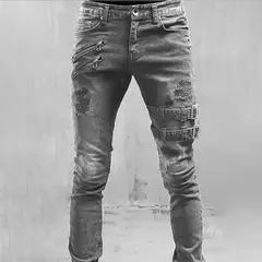 Calças jeans skinny rasgadas elásticas masculinas, bordado branco, algodão, hip hop, buraco negro, slim fit, calças jeans grandes, alta qualidade - comprar online