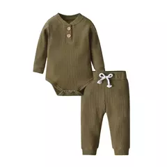 Conjunto de roupas para bebê recém-nascido menino e menina, feito de algodão, com nervuras, manga longa, bodysuit e calça, cor sólida - comprar online