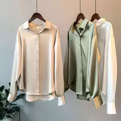 Imagem do Blusa feminina de manga comprida de cetim vintage, camisa sedosa, blusa de escritório de trabalho, camisa casual feminina, outono