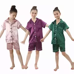 Imagem do Pijama de seda menino e menina, pijama de seda infantil de 2 a 14 anos, criança pequena, pijama de seda de manga curta, pijama de seda