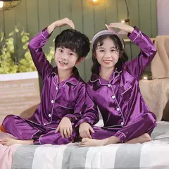 Conjunto de pijamas de cetim de seda infantil pijamas de bebê pijamas pijamas cor sólida, terno infantil, meninos, meninas, outono - Wolf Magazine