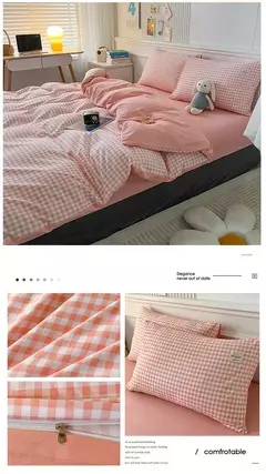 Conjunto de colcha de algodão lavada para dormitório estudantil, cama estilo japonês quadriculada outono e inverno, 4 unid - Wolf Magazine
