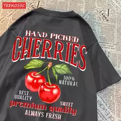 Camisetas femininas de estampa de cereja colhidas a mão, camisetas de algodão, gola redonda grande, manga curta macia, roupas femininas de rua, moda - loja online