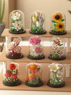 Imagem do Jow construído peônia flor eterna micro mini bloco de construção brinquedo-viado com capa contra poeira, decoração de casa, presente do dia dos namorados para meninas