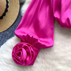 Elegante cetim tridimensional flor manga longa lapela blusa chique vintage moda colheita topo feminino camisas de outono roupas - loja online
