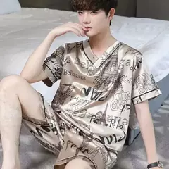Conjunto de pijama de seda gelo manga curta masculino, pijama casual fino de simulação, tamanho grande, roupa para casa, verão, 2 peças - loja online