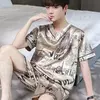 Conjunto de pijama de seda gelo manga curta masculino, pijama casual fino de simulação, tamanho grande, roupa para casa, verão, 2 peças
