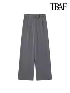 TRAF-Calça de perna larga feminina com bolsos frontais, vintage, cintura alta, mosca com zíper, calça feminina, moda - comprar online