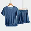 Pijama de seda gelo estampado masculino, camiseta de manga curta, calça fina, conjunto de moda casual modal, verão