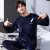 Pijama de lã coral masculino de 2 peças, gola redonda, manga comprida, conjuntos lounge, terno doméstico, impressão de moda, outono, inverno, homem, novo