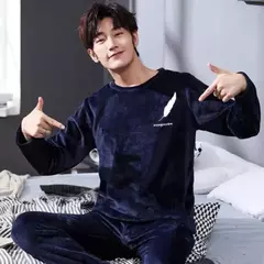 Pijama de lã coral masculino de 2 peças, gola redonda, manga comprida, conjuntos lounge, terno doméstico, impressão de moda, outono, inverno, homem, novo