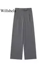 Willshela-Calças direitas femininas com fecho frontal, cintura alta, comprimento total, calças chiques femininas, monocromáticas, moda vintage, senhora