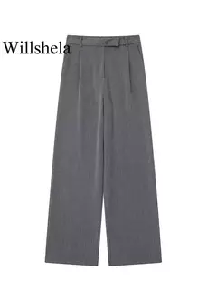 Willshela-Calças direitas femininas com fecho frontal, cintura alta, comprimento total, calças chiques femininas, monocromáticas, moda vintage, senhora