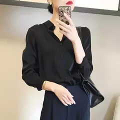 Camisas e blusas femininas com acabamento acetinado, blusa casual, manga comprida, botão, camisas elegantes, roupa francesa, monocromáticas, todos os fósforos, OL