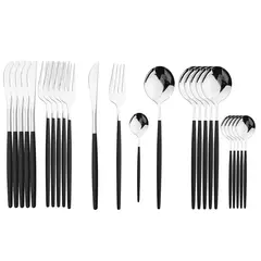 Imagem do Aço inoxidável Golden Talheres Set, Faca, Garfo, Colher, Talheres, Talheres, Festival Cozinha, Louça, Presente, Punho Preto, 24pcs
