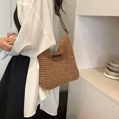 Bolsas boêmias de praia de palha para mulheres, alta capacidade, bolsa de ombro artesanal, bolsas de tecido casual, bolsa