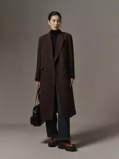 DUSHU-casaco longo de lã de peito duplo para mulheres, design chique, casaco de lã feminino, café escuro, cor marrom, sentido retrô, inverno, 2023 - Wolf Magazine