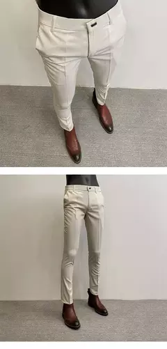 Homens terno calças calças formais pantalone hombre estiramento fino cor sólida vestido casual calças de comprimento total moda novas roupas masculinas - loja online