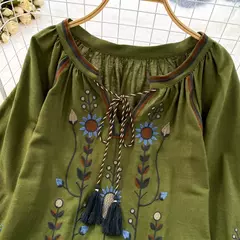 Imagem do Blusa Bordada Manga Lanterna Longa com Decote V para Mulheres, Moda Casual, Camisas Vintage, Tops Femininos Minoritários, Drop Shipping, Outono