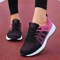 Sapatilhas femininas com cordões em malha respirável, sapatos casuais, sapatos de caminhada, tênis plano, rosa, preto, branco - loja online