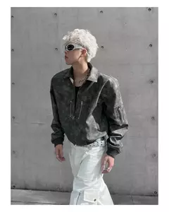 Jaqueta de couro PU recortada masculina, colarinho virado para baixo na moda, cor gradiente, casaco retrô com zíper, outwear de motocicleta masculina, primavera - comprar online