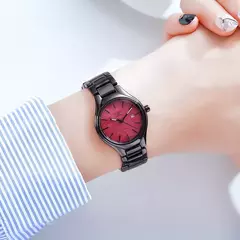 Imagem do OUPAI-Relógio de quartzo design industrial para mulheres, cerâmica preta, mostrador vermelho, vestido pequeno e causal, moda, nova chegada, 2024