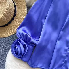 Elegante cetim tridimensional flor manga longa lapela blusa chique vintage moda colheita topo feminino camisas de outono roupas - Wolf Magazine