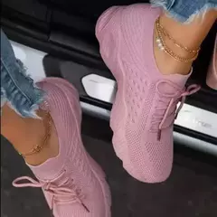 Sapatilhas femininas com cadarço de malha confortável, sapatos esportivos vulcanizados, cunhas volumosas, sapatos femininos casuais na internet