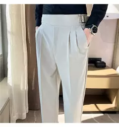 Estilo britânico dos homens de cintura alta vestido casual calça masculina cinto design calças finas formal escritório social vestido de festa de casamento terno calças