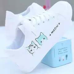 Tênis feminino com cordões, sapatos casuais, sapatos de PU estampados, gato fo - Wolf Magazine
