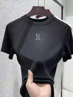 Top de diamante cintilante de manga curta feminino, estrela de diamante, coelho fashion, elástico alto, macio, grandes dimensões, verão, novo, top versátil