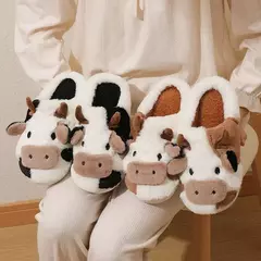 Chinelos de pelúcia quente de vaca unisex dos desenhos animados, Mula interna antiderrapante de casal, Sapatos de algodão, Toe Wrap, Novo, Inverno na internet