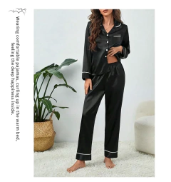 Pijama de seda gelo de mangas compridas feminino, tamanhos grandes, monocromático, casual, solto, preto, botões macios, cardigã, roupa de casa, pijamas, outono, inverno - Wolf Magazine