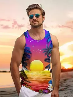 Tops soltos estilo havaiano masculino, colete de férias lazer, viagem ao ar livre, confortável, casual, estampa do sol - loja online
